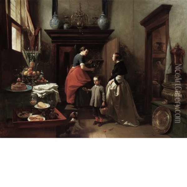 Interior With A Boy Offering A Treat To A Dog Oil Painting - Hendrik Jan Augustyn Leys