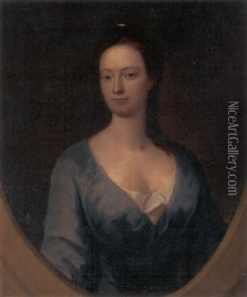 Portrait Of Hester Nee Cornish, Wife Of John Gannett Of Blandford Forum, In A Blue Dress Oil Painting - Michael Dahl