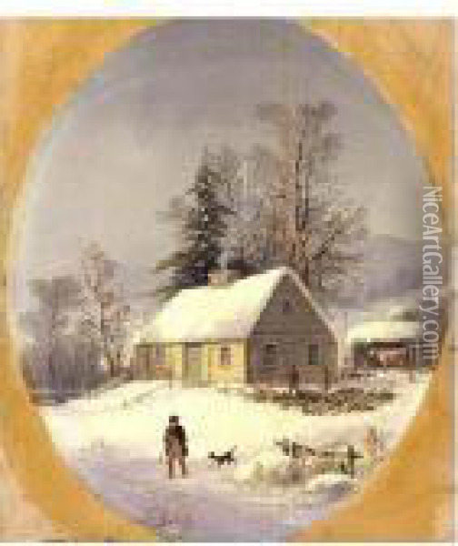 Chopping Wood In A Winter Farmyard Oil Painting - George Henry Durrie