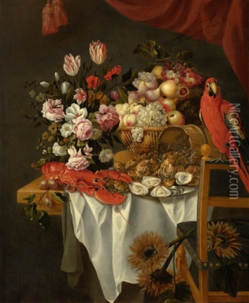 Still Life With Flowers, Fruits, Lobster, Oysters And Parrot Oil Painting - Jan Pauwel Gillemans The Elder