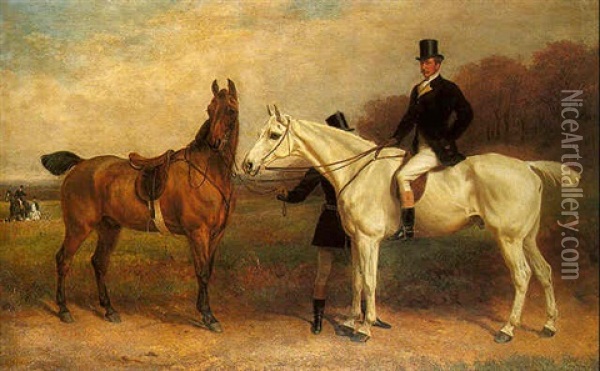 The Earl Of Hardwick With Two Hunters And A Groom Oil Painting - William H. Hopkins