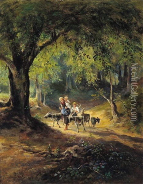 Bauernkinder Mit Ziegen Am Waldweg Oil Painting - Emil Barbarini