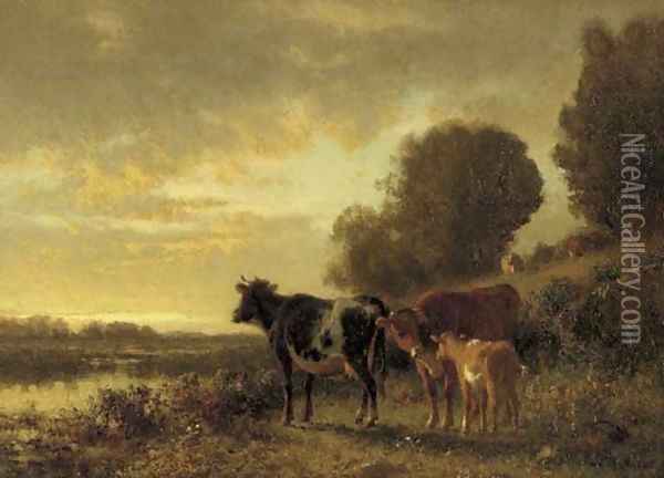 Sunset with Cows Oil Painting - William M. Hart
