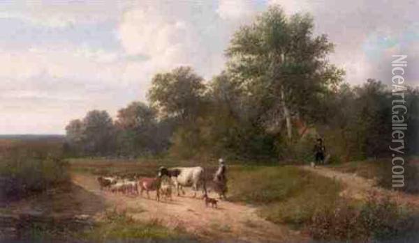 Cattle And Drover On A Country Road Oil Painting - Louis Pierre Verwee