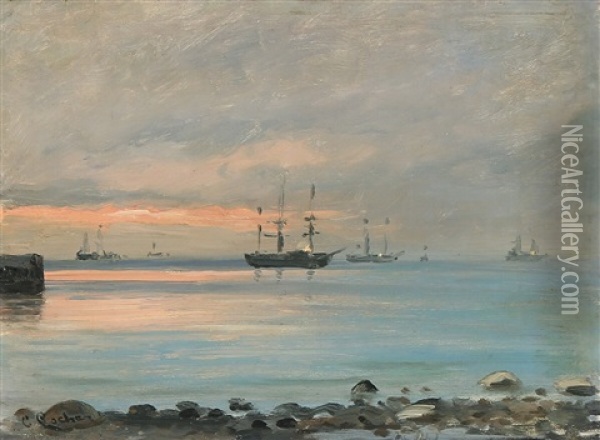 Ships In The Sunset Oil Painting - Carl Ludvig Thilson Locher