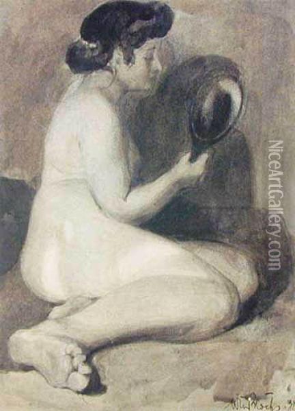 Kobieta Z Lusterkiem, 1912 R. Oil Painting - Wlodzimierz Blocki