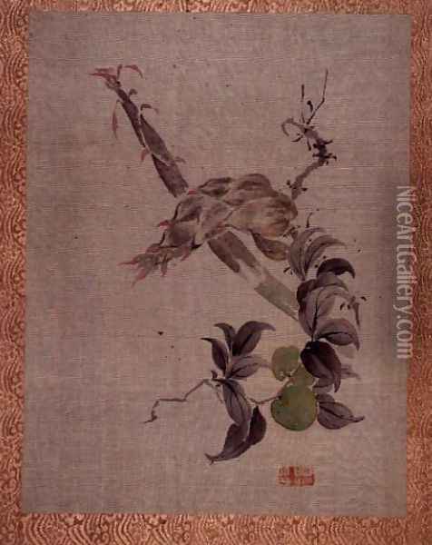 Apple and flowering plant, from an album of twelve studies of flowers, birds and fish Oil Painting - Tsubaki Chinzan