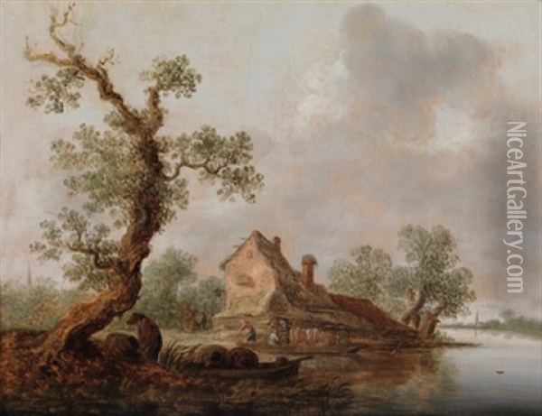 Ein Haus Am Ufer Eines Flusses Mit Einem Ruderkahn Oil Painting - Frans de Hulst