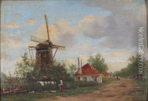 Dutch Village With Windmill Oil Painting - Willem Hendrik Eickelberg
