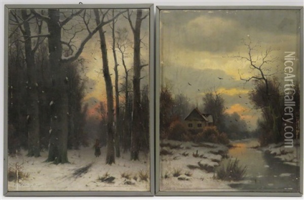 2 Bilder : A) Reisigsammlerin, B) Winterabend Oil Painting - Eduard Hein