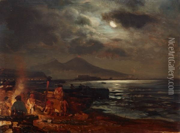 View Of The Bay Of Naples With Mount Vesuvius By Night Oil Painting - Oswald Achenbach