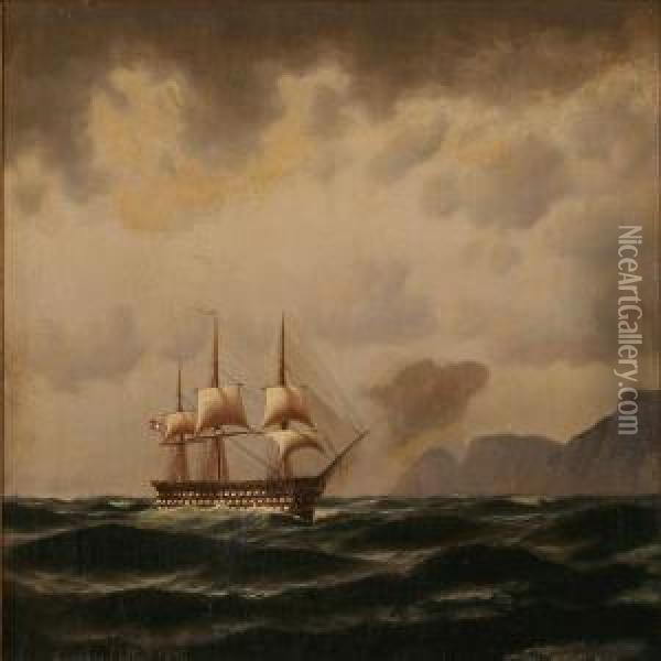 Seascape With A Danish Warship Passing A Rocky Coast Oil Painting - Anton Melbye
