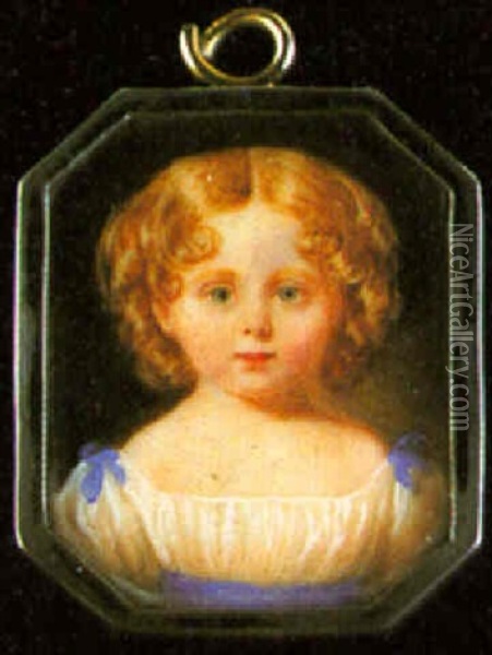 A Child Wearing A White Dress Trimmed With Blue Ribbons At The Shoulders And Decotated With Matching Sash Oil Painting - William Egley