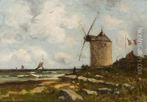Moulin En Bord De Cote Par Grand Vent. Oil Painting - Alfred Casile