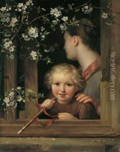 Kind Und Madchen In Einem Weinlaubumrankten Fenster. Oil Painting - August von der Embde