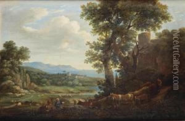 A Rocky Landscape With Shepherds And Their Cattle Oil Painting - Herman Van Swanevelt
