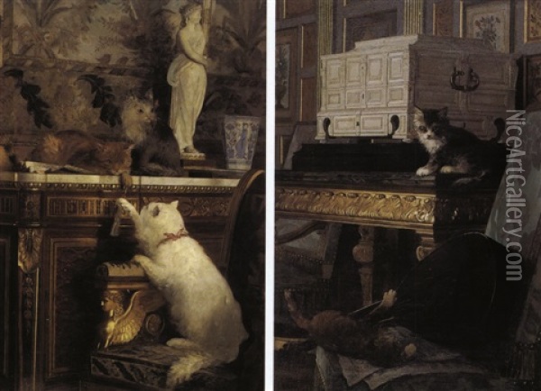 Les Jeux Des Chats (pair) Oil Painting - Gustave Bettinger