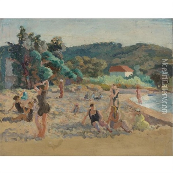 Beach At St. Tropez With Bathers Oil Painting - Roger Fry