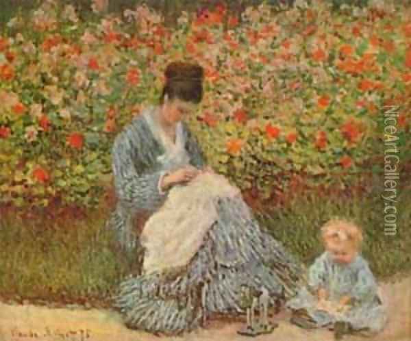 Camille Monet and a Child in Garden Oil Painting - Claude Oscar Monet