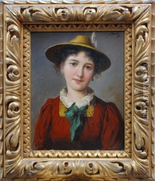 Damenportrait - Junge Frau In Roter Tracht Mit Hut Oil Painting - Carl Ostersetzer