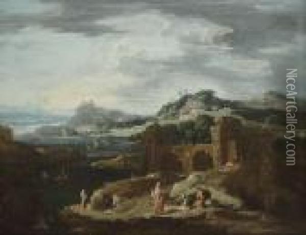 Zuiders Berglandschap Met Figuren Bij Ruines Vanbrug En Vissers Oil Painting - Andrea Locatelli