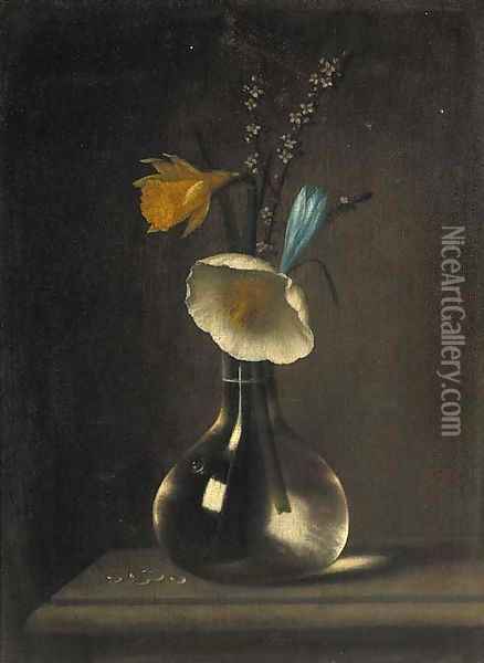A daffodil, anenomie, crocus and blossom in a glass vase on a ledge Oil Painting - Minheer Van Der Nigglefrigg