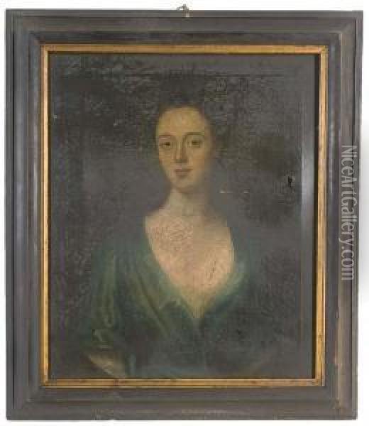 Portrait Of A Lady, Presumably A
 Member Of The Mostyn Or The Lloyd Family, Bust-length, In A Blue Dress 
With A White Chemise Oil Painting - Richardson. Jonathan