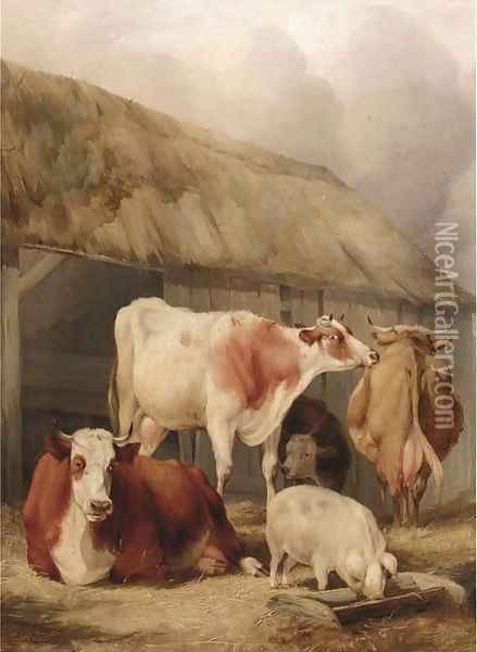 Cattle and a pig in a farmyard Oil Painting - Thomas Sidney Cooper