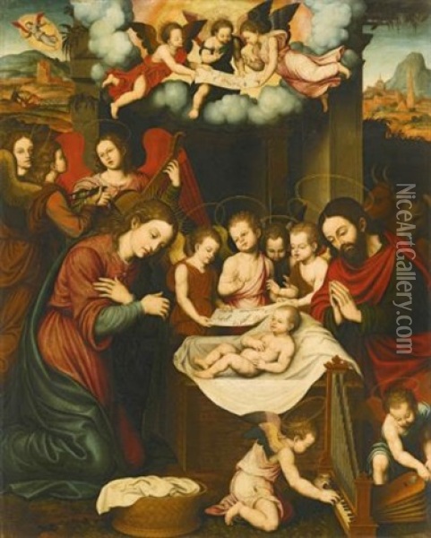 The Nativity With Angels Playing Music Oil Painting - Nicolas Borras
