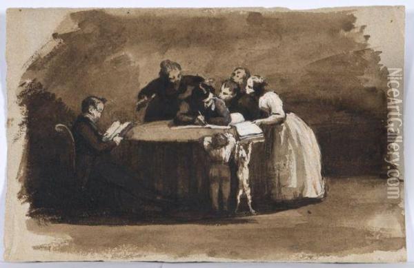 L'ecrivain A Sa Table De Travail Entoure De Sa Famille Oil Painting - Henri Bonaventure Monnier