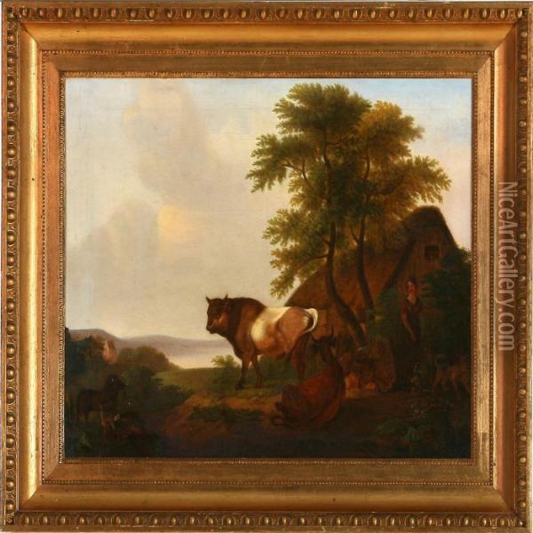 Woman And Animals At A Cottage Oil Painting - Christian August Lorentzen