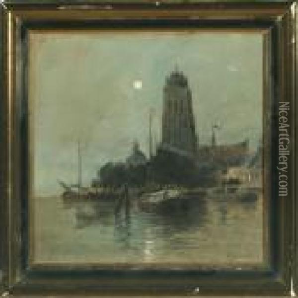 Harbour In Moonlight Oil Painting - Viggo Johansen