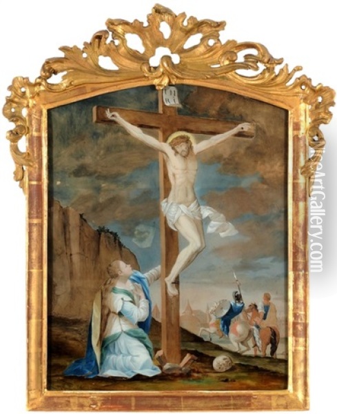 Vor Gewolktem Himmel Christus Am Kreuz. Zu Seinen Fussen Kniet Die Trauernde Hl. Maria Magdalena Oil Painting - Johann Crescenz Meyer