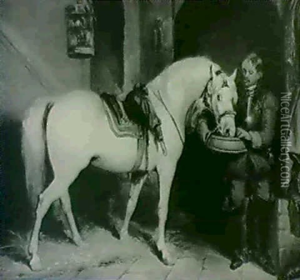 Cromwellian Soldier Watering His Horse Oil Painting - Charles Landseer