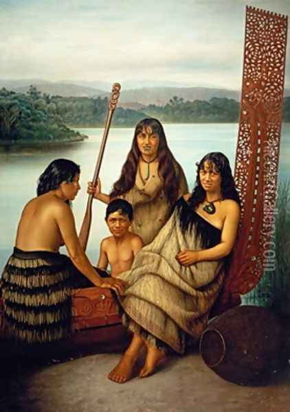 Three Maori girls and a boy sitting on a large carved Maori canoe by a lake 1899 Oil Painting - Gottfried Lindauer