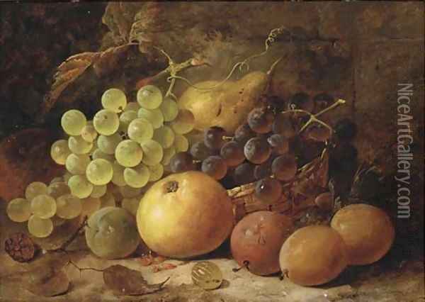 Grapes, plums, with an apple, pear and raspberry on a bank Oil Painting - James Poulton