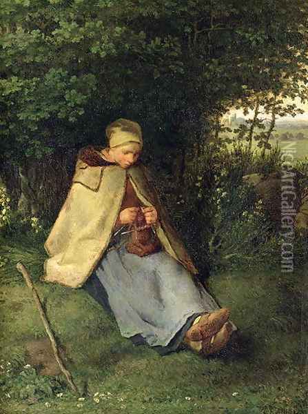 The Knitter or, The Seated Shepherdess, 1858-60 Oil Painting - Jean-Francois Millet