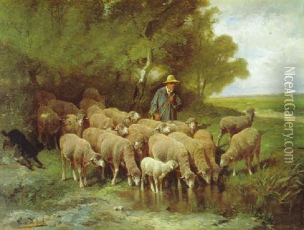 Schaapherder Met Kudde Bij De Drinkplaats Oil Painting - Frans De Beul