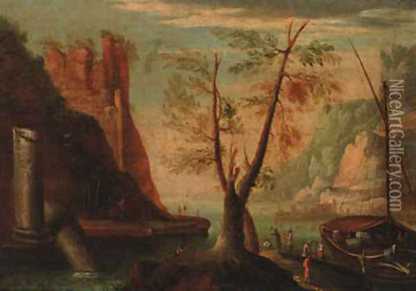 A coastal inlet with figures by a moored boat, a hilltop ruin beyond Oil Painting - Salvator Rosa