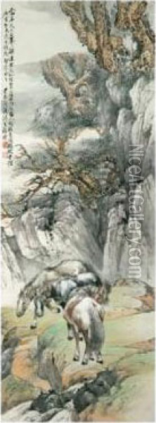 Horses By A Stream Under Pine Cliffs Oil Painting - Cheng Zhang