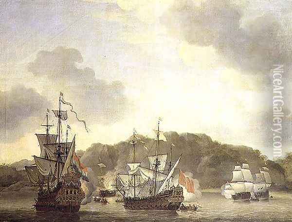 Naval Engagement Oil Painting - Willem van de Velde the Younger