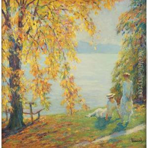 Two Girls In White Beside A Lake In Autumn Oil Painting - Edward Alfred Cucuel
