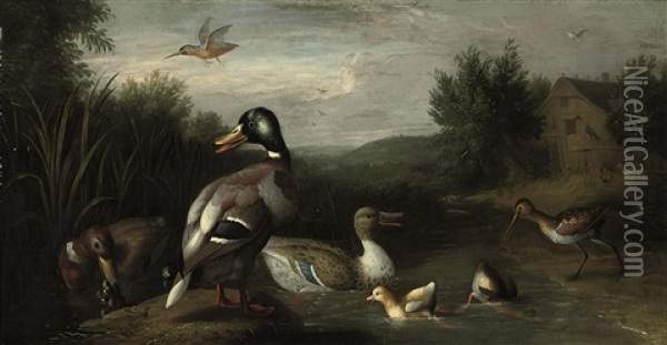 A Wooded River Landscape With A Male And Female Mallard, Ducklings, A Snipe, A Kingfisher And Another Duck Oil Painting - Pieter Casteels III