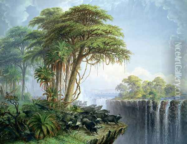 Buffalos Driven to the Edge of the Chasm opposite Garden Island, Victoria Falls Oil Painting - Thomas Baines