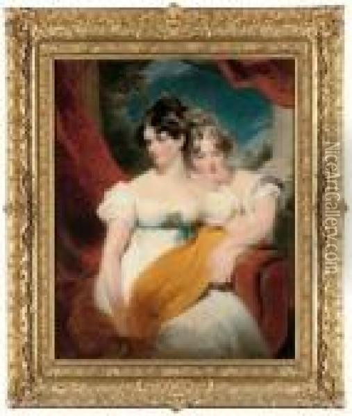 Double Portrait Of Marianne Anna
 Maria Gooch (d. 1855) And Charlotte Matilda Gooch (d. 1852), 
Three-quarter-length, One Seated In A White Dress With A Blue Sash And A
 Yellow Shawl Across Her Lap, The Other Kneeling Beside In A White 
Dress, A Red C Oil Painting - George Henry Harlow