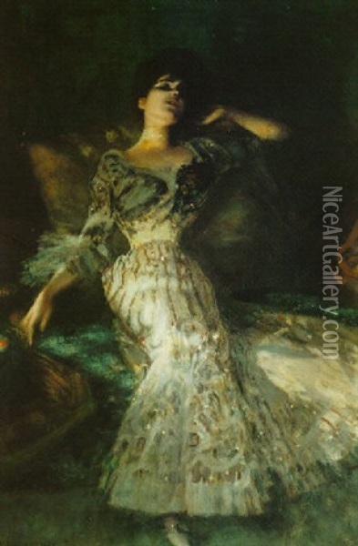Elegant Lady Reclining On A Sofa Oil Painting - Albert von Keller