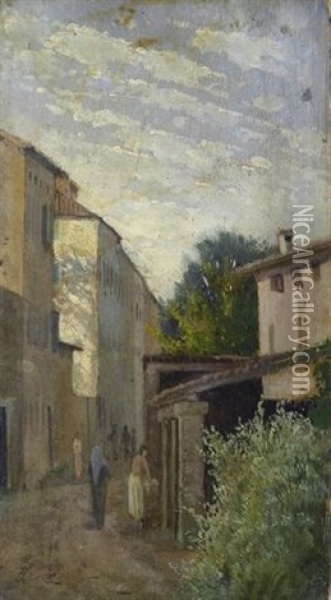 Una Via A Livorno Oil Painting - Eugenio Cecconi