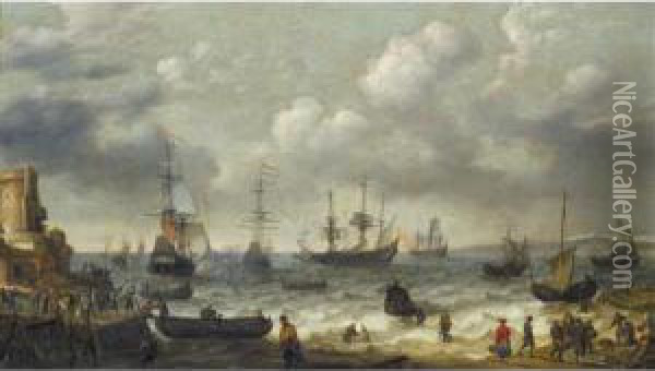 A Coastal Scene With Numerous Figures On The Shore, A Dutch Man O'war Firing Its Cannon Beyond Oil Painting - Abraham Willaerts