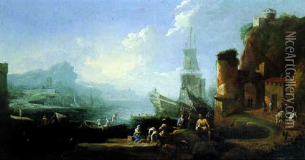 A Mediterranean Harbour With Sailors On A Quai Unloading Cargo Oil Painting - Jacob De Heusch
