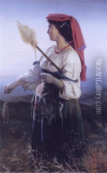 Italienerinde Med Handten Staende I Den Romerske Campagne Ved Solnedgangstide Oil Painting - Elisabeth Anna Maria Jerichau-Baumann